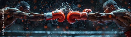 Two muscular boxers in a boxing match with red gloves photo