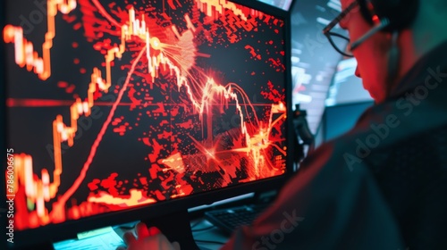 Photographs a traders intense gaze as they scrutinize a monitor displaying a stock chart filled with chaotic, vibrant red peaks and troughs