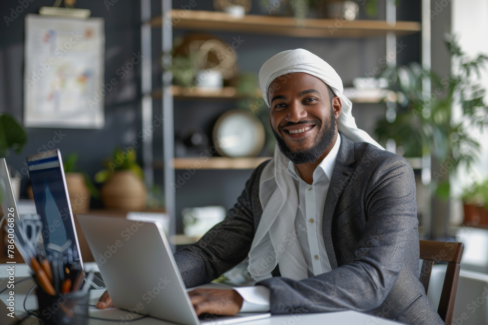 Islamic business professional working in an office expertise in business efficiency and marketing planning Islamic business professional working in an office expertise in business efficiency and marketing planning
