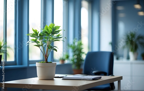 Business office featuring a window and a plant, rendered in a blurred imagery style