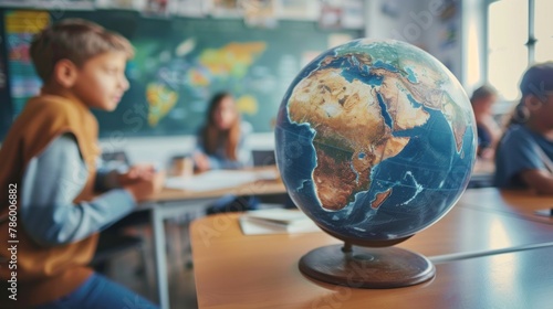An educator using a virtual earth globe in a classroom setting to teach geography and global studies