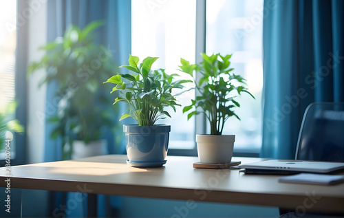 Business office featuring a window and a plant  rendered in a blurred imagery style