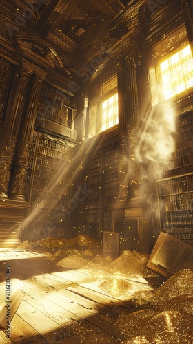 Photographs a scene where gold dust floats through beams of sunlight in an ancient library, the radiant golds lending a magical, timeless quality