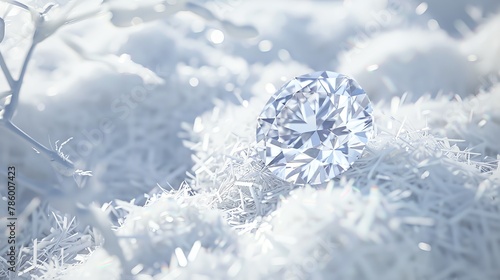 Photographs a diamond placed delicately on a bed of soft, sparkling white snow, highlighting its pure, icy brilliance and timeless beauty © kitidach