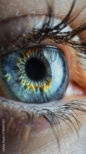 Photographs an eye with a pupil dilated, surrounded by an iris of piercing blue, accentuating the eyes ability to perceive and understand deeply