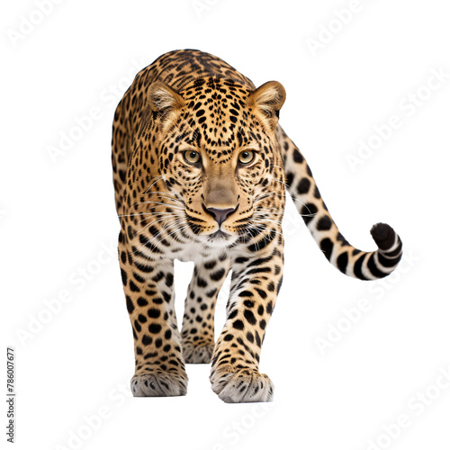 a leopard walking on a white background