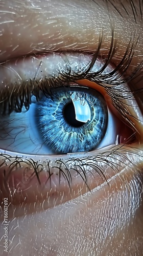 Photographs an eye with a pupil dilated, surrounded by an iris of piercing blue, accentuating the eyes ability to perceive and understand deeply photo