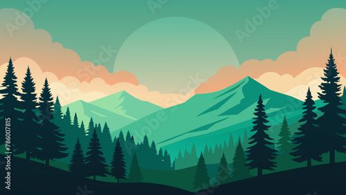 Mountains and forest landscape silhouettes, vector nature horizontal background.