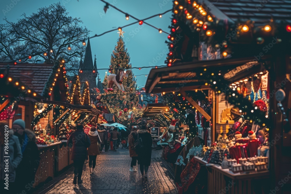 Naklejka premium A festive Christmas market adorned with twinkling lights, festive decorations, and stalls selling holiday treats and gifts, set within a charming town square with a towering Christmas tree, Generative