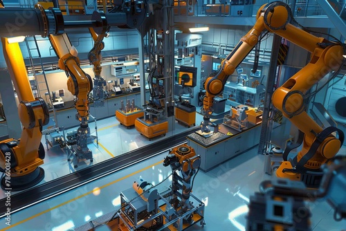  An advanced robotics laboratory equipped with cutting-edge robotic arms, AI-powered machines