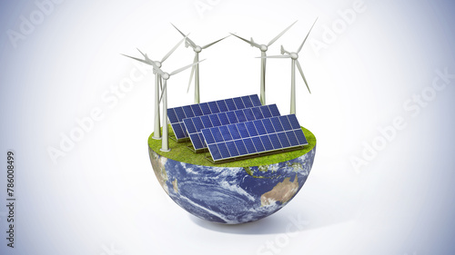 Solar panels, and wind turbines on green grass. 3D illustration