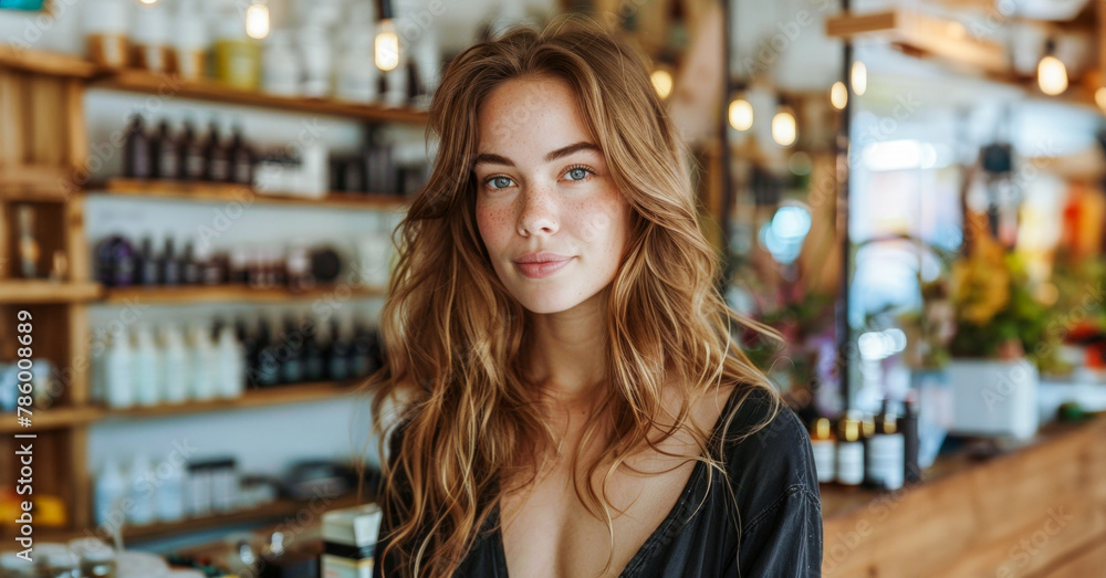 A woman with long brown hair stands in front of a store with many shelves A woman with long brown hair stands in front of a store with many shelves