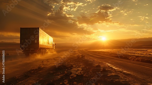 The cargo truck traverses the landscape as the sun sets, casting a golden hue over the surroundings photo