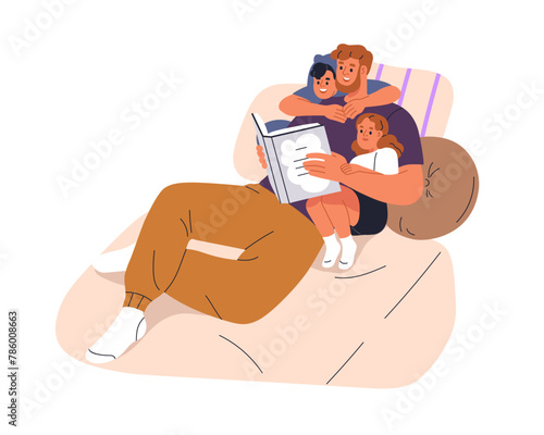 Father and kids reading fairytales in bed. Happy dad, son and daughter at family time with book. Daddy and children, boy and girl at leisure. Flat vector illustration isolated on white background