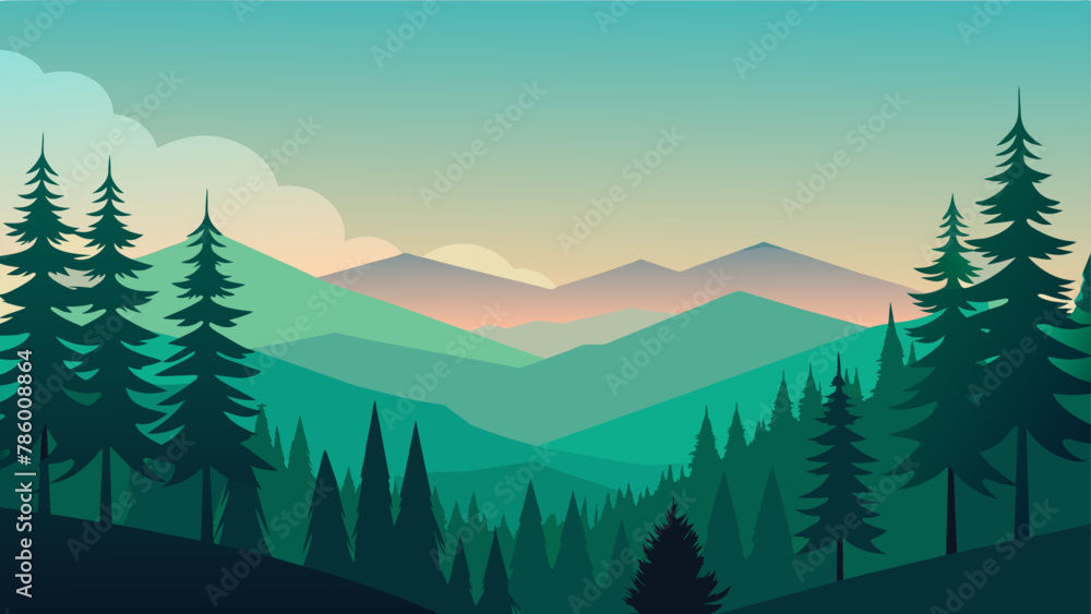 Fototapeta premium Mountains and forest landscape silhouettes, vector nature horizontal background.