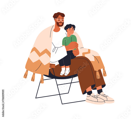 Father and son. Little boy sitting on dads knees. Daddy hugging kid, spending...