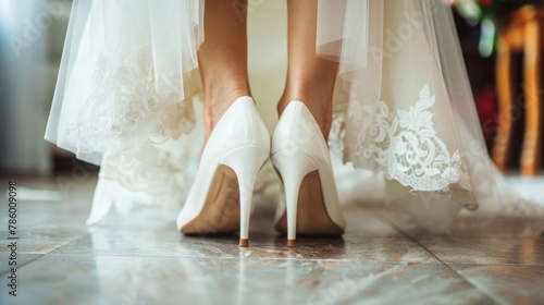 A close-up of the bride's wedding shoes. photo