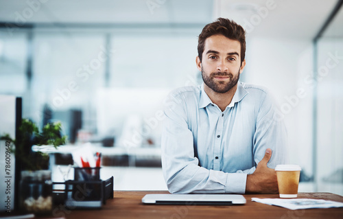 Business man, portrait and human resources in office, employee and ready for job interview pov. Male person, hr manager and agent to recruit in workplace, confident and consultant for hiring at desk photo