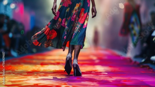 Close-up of a model's elegant stride on the fashion show runway photo