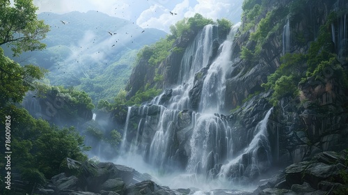 A majestic waterfall cascading down rugged cliffs  its roaring waters surrounded by vibrant greenery and mist-kissed rocks. 8k  realistic  full ultra HD  high resolution  and cinematic