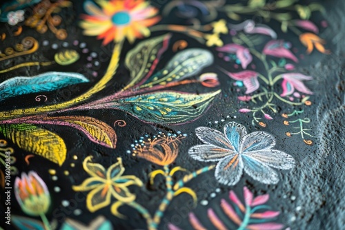 A chalk drawing illustration depicting a flowers and flora on the black background