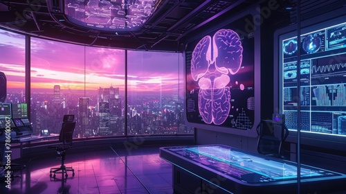An interactive 3D organ display in a medical school  with a view of a futuristic city under a twilight sky
