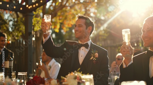 A groomsmen giving a toast to the newlyweds.  photo