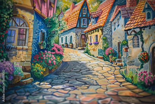 A chalk mural drawing painting illustration with a european village street, wallpaper background