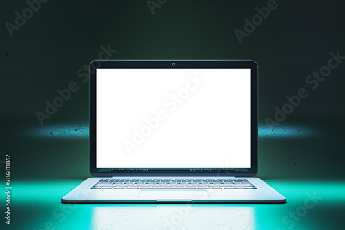 Close up of creative neon blue light gaming laptop with empty white mock up screen. 3D Rendering.