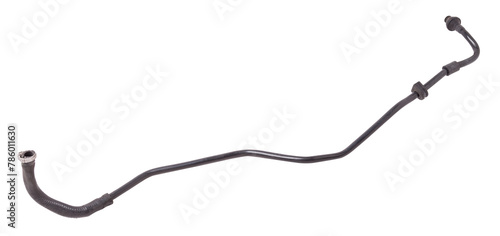 Black rubber hose of the car engine cooling system on a white isolated background in a photo studio for replacement during repair or for a catalog of spare parts for sale on auto disassembly.