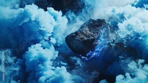 Captures the carbon chunk surrounded by electric blue smoke or fog, adding a layer of mystery and vibrant energy to its elemental purity photo