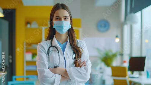 Young beautiful female doctor in a white coat with a stethoscope on the background of the hospital