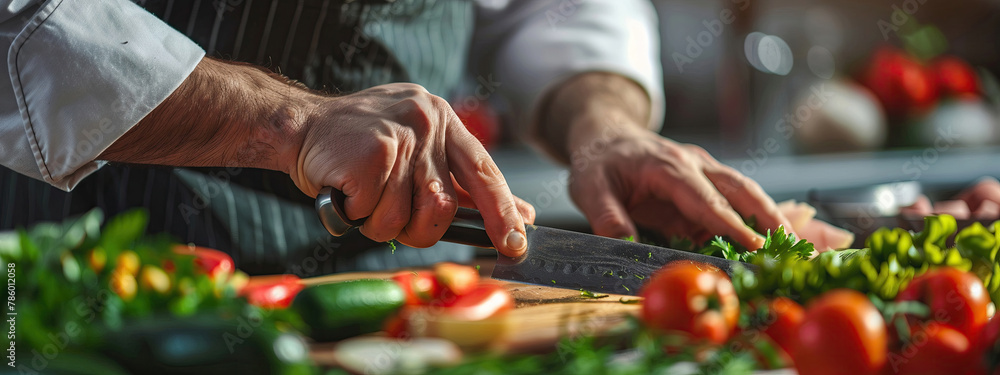 close-up of a chef cutting vegetables for a salad