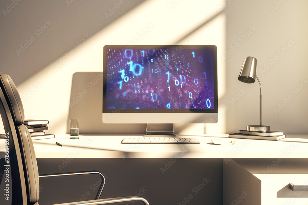 Creative abstract binary code sketch on modern laptop monitor, hacking and matrix concept. 3D Rendering Creative abstract binary code sketch on modern laptop monitor, hacking and matrix concept. 3D Rendering