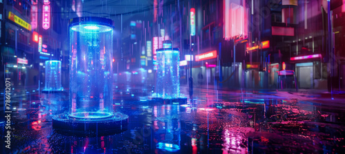 Rainy urban night with futuristic neon lights and platforms