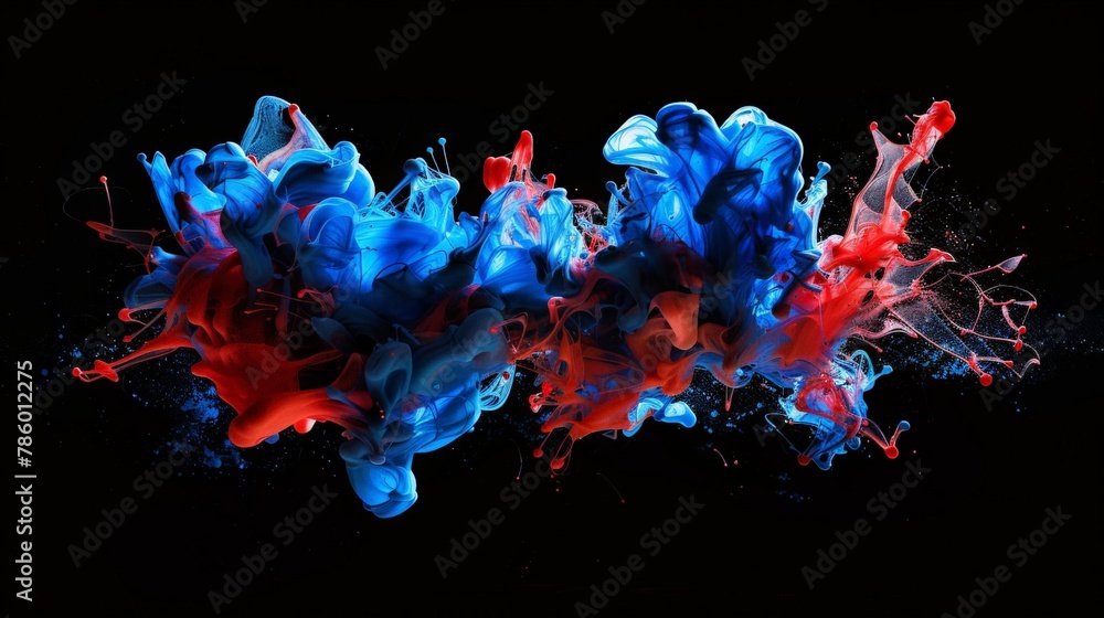 the magic of acrylic artistry as vibrant blue and red colors blend and diffuse in water, giving rise to intriguing ink blots and abstract compositions against a striking black background