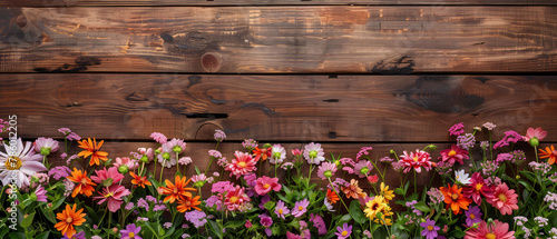 Flowers background with wooden floor, copy space. © Jaroslaw