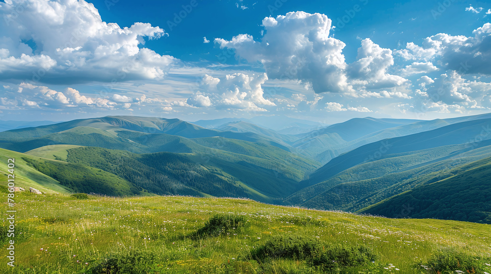 View of meadow and mountains