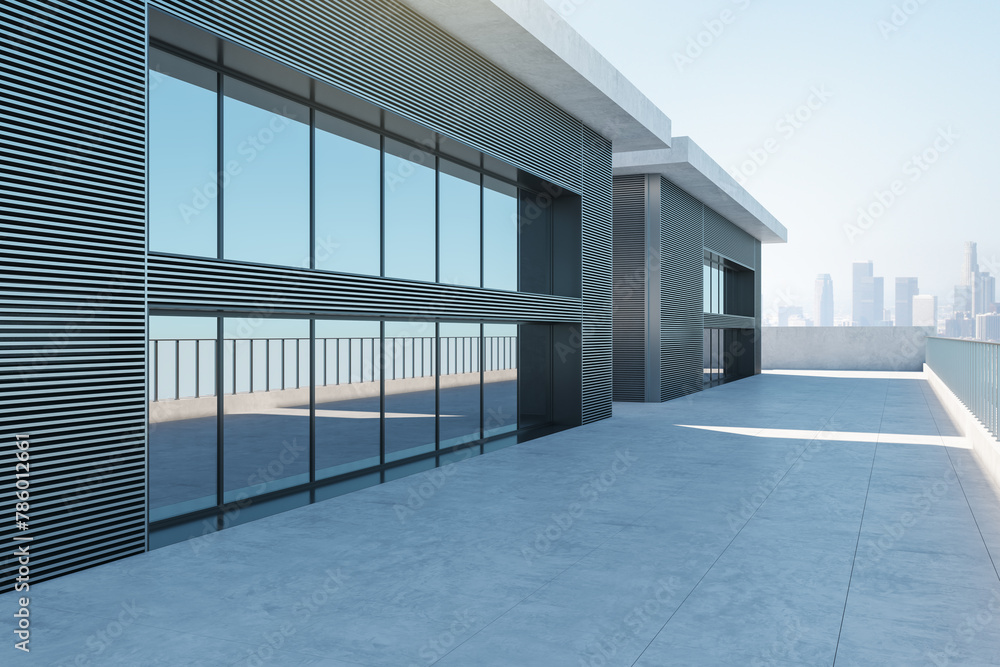 Fototapeta premium Modern building balcony with expansive blue flooring and skyline view. Architectural minimalism. 3D Rendering