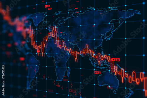 A stock market graph overlaying a digital map represents a financial crisis with a bearish trend in a digital graphic style on a dark background. 3D Rendering © Who is Danny