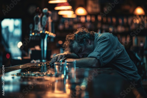 Man rests head on bar in dark city room with drink