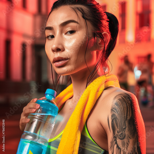 City glow on a strong woman.