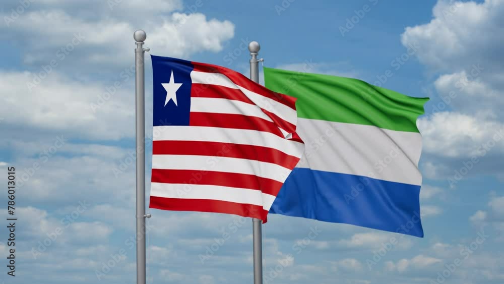 Sierra Leone or Salone and Liberia two flags waving together, looped video, two country cooperation concept Sierra Leone or Salone and Liberia two flags waving together, looped video, two country cooperation concept
