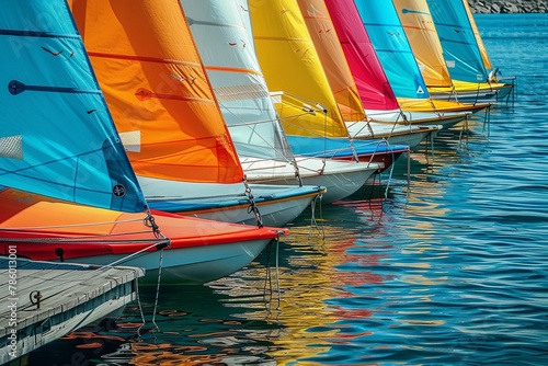 A lineup of colorful and specialized sailing boats on a picturesque dock, ready for Olympic sailing events © Radmila Merkulova