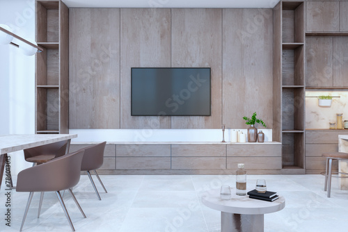 Wallpaper Mural A modern kitchen interior with wooden cabinets, a mounted TV, and marble elements, on a bright background, concept of design. 3D Rendering Torontodigital.ca
