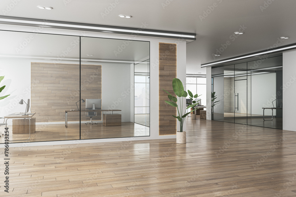 Naklejka premium Modern office interior with a corridor, glass partitions, wooden walls, furniture, and city view through the windows, concept of workspace. 3D Rendering