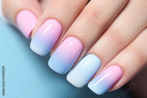 Woman s fingernails with pastel blue and pink ombre colored nail color design.