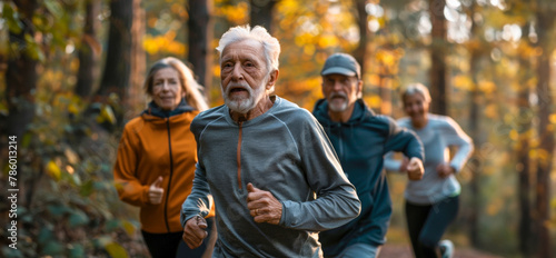 Group of seniors enjoying running in a forest in fall