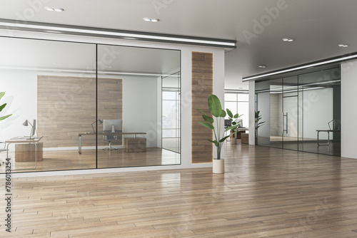 Modern office interior with a corridor, glass partitions, wooden walls, furniture, and city view through the windows, concept of workspace. 3D Rendering