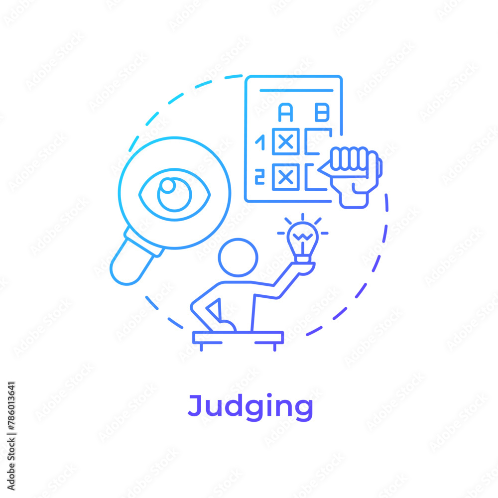 Judging blue gradient concept icon. Hackathon process. Present projects to juries. Winner selection. Round shape line illustration. Abstract idea. Graphic design. Easy to use in promotional materials Judging blue gradient concept icon. Hackathon process. Present projects to juries. Winner selection. Round shape line illustration. Abstract idea. Graphic design. Easy to use in promotional materials